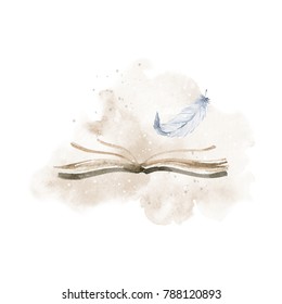 Watercolor Beautiful Illustration. Book, White Feather, Watercolor Stain And Spray