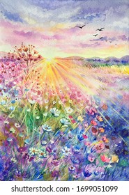 Watercolor beautiful rural landscape with sunrise and blossoming meadow. Purple, white flowers flowering on spring field. Happy new day concept. Vertical view, copy-space. Template for designs , card.