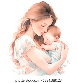 Watercolor Beautiful Silhouette Mother Holding a Baby in Hand Happy Mother's Day - Powered by Shutterstock