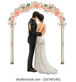 Watercolor Beautiful Wedding Couple Embracing Under Wedding Arch