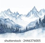 Watercolor Beautiful White Snowy Mountains Landscape Scenery Pines White and Monochrome background hand painted