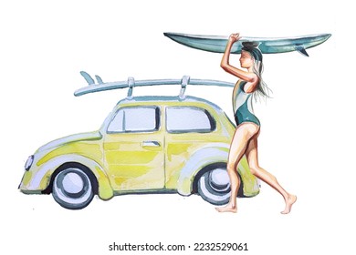 Watercolor beautiful young girl and a car with surfboard. Ocean themed banner. Woman with surfing board. Summertime premade card. Vacation themed background. - Powered by Shutterstock