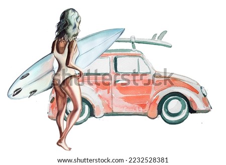 Watercolor beautiful young girl and a car with surfboard. Ocean themed banner. Woman with surfing board. Summertime premade card. Vacation themed background.