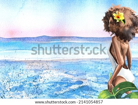 Watercolor beautiful young girl on the beach. Ocean themed banner. African american woman standing on the sea shore. Vacation themed background.