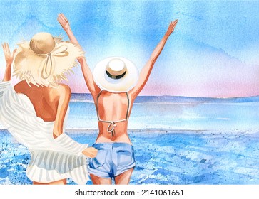 Watercolor beautiful young girls on the beach. Ocean themed banner. Vacation themed background. Woman standing on the sea shore.  - Powered by Shutterstock