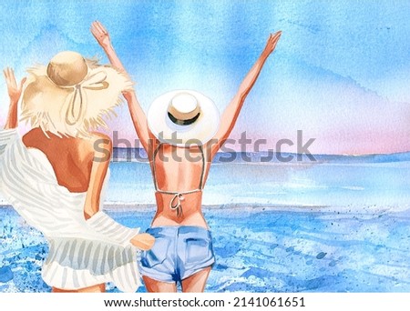 Watercolor beautiful young girls on the beach. Ocean themed banner. Vacation themed background. Woman standing on the sea shore. 
