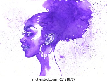 Watercolor beauty african woman. Hand drawn abstract portrait with splash. Painting fashion illustration on white background