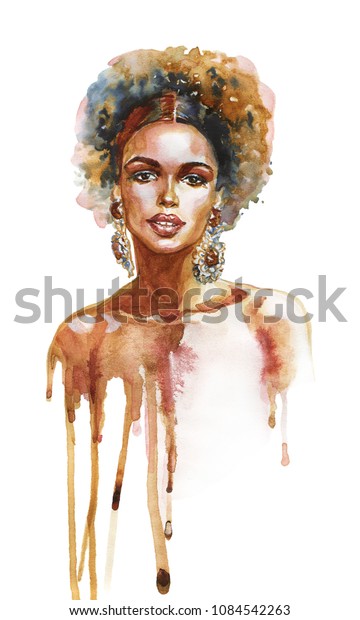 Watercolor Beauty African Woman Painting Fashion Stock