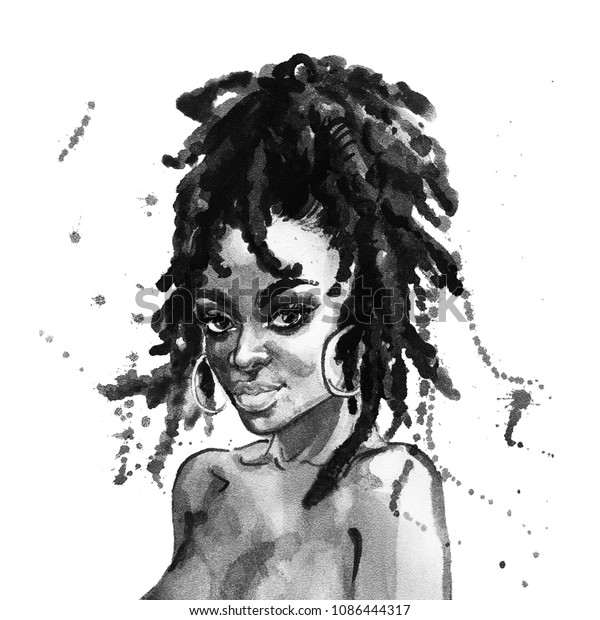 水彩美のアフリカ女性 ファッションイラストを描く 白い背景に美しい女の子の手描きのポートレート のイラスト素材