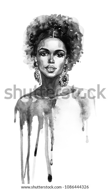 水彩美のアフリカ女性 ファッションイラストを描く 白い背景に美しい女の子の手描きのポートレート のイラスト素材
