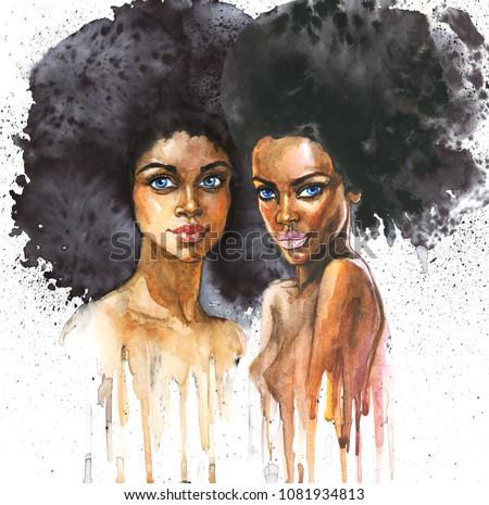 Watercolor beauty african women. Painting fashion illustration. Hand drawn portrait of pretty girls on white background