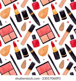 Watercolor beauty pattern, various elements for make up, pink blush, concealer, sponges, mascara, lipstick on white background. Pattern for various cosmetic products, beauty industry, wrapping etc.