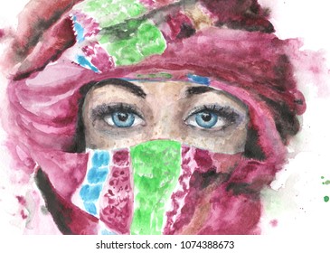 Watercolor Bedouin Arabian Girl With Blue Eyes