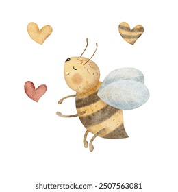 Watercolor bee stretching paws to heart. Cartoon hand drawn illustration isolated from background for birthday greeting card, poster, on clothes and tableware, template for text - Powered by Shutterstock