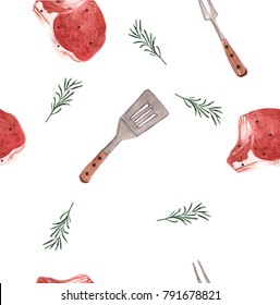 Watercolor Beef Steak And Kitchen Tools Set