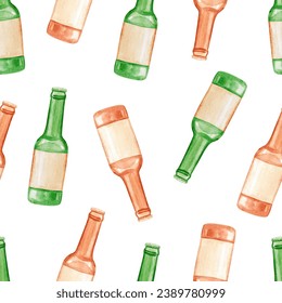 Watercolor beer bottles seamless pattern on white background.  - Powered by Shutterstock