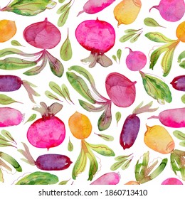 Watercolor Beets And Leaves Hand Drawn Pattern