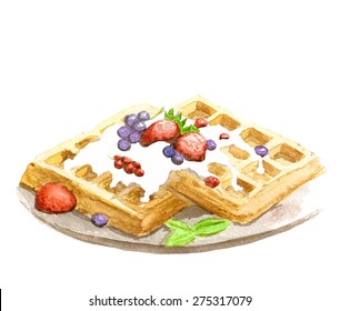 Watercolor Belgium Waffles With Berries