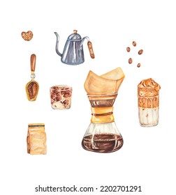 Watercolor Beverages Illustration. Coffee Drinks, Iced Coffee, Dalgona Coffee. Design For Backgrounds, Packing, Fabric, Cafe, Barista, Kitchen Decor. 