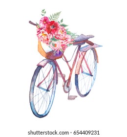 Watercolor White Bicycle Beautiful Flower Basket Stock Illustration 