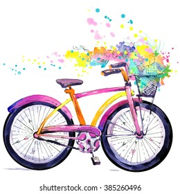 Watercolor Bicycle And Flower Background.