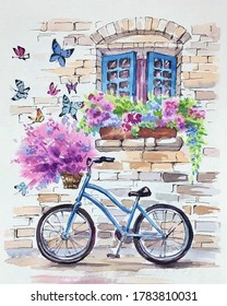 Watercolor, Bike With Flowers, Facade