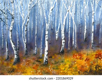 Watercolor Birch Forest Mist Background