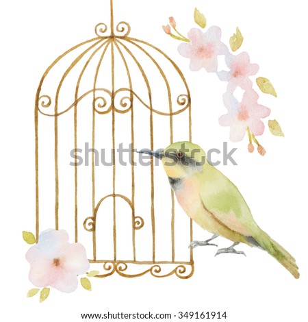 Watercolor bird, cage and flowers. For your spring design of invitation and greeting cards.