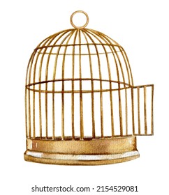 Watercolor bird cage with golden metal brass as a symbol of captivity and being trapped or in a confined prison cell isolated on a white background.Hand drawn illustration