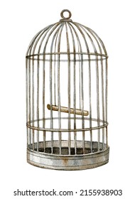 Watercolor bird cage with golden metal brass as a symbol of captivity and being trapped or in a confined prison cell isolated on a white background.Hand drawn illustration