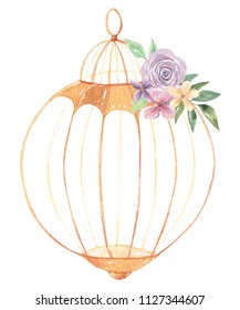 Watercolor Birdcage Flowers Gold Cages Berries 