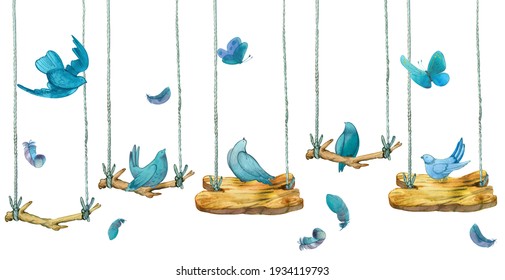 
Watercolor birds, feathers, butterflies. Seamless banner, border background. Hand drawn isolated on white background blue birds sit on branches, swing