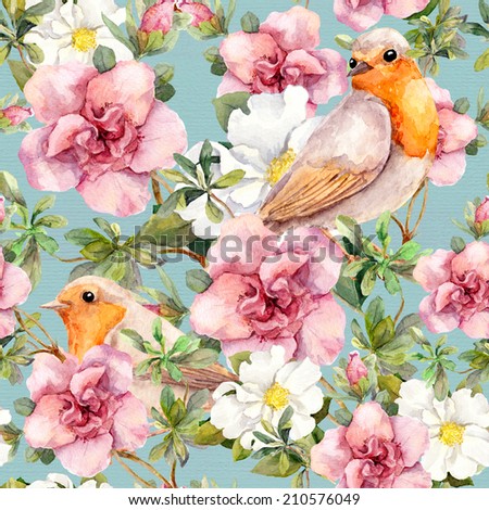 Watercolor Birds Flowers Seamless Floral Pattern Stock Illustration