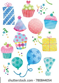 Watercolor Birthday Balloons, Ribbons, Cake, Present, Birthday Hat