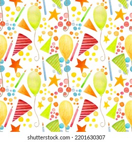 Watercolor Birthday Bright Pattern, Balloons, Hat, Candles, Stars And Dots On A White Background. Seamless Pattern In For Various Products.