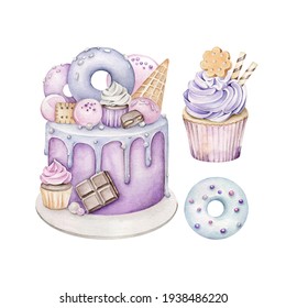 Watercolor Birthday Cake, Cupcake And Donut.Tasty Creamy Sweets Isolated On White Background.Decorated Cookies