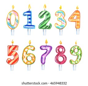 Watercolor Birthday Candles Set. Numbers Set. Colorful Decoration For Birthday, Anniversary Cake.