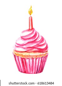 Watercolor Birthday Cupcake Pink