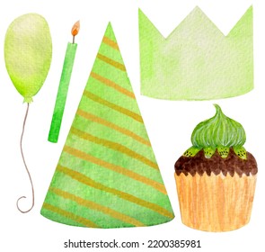 Watercolor Birthday Items Collection In Green Colors Collection, Cupcake With Kiwi, Bithday Hat, Balloon, Candle,  Isolated On White Background.