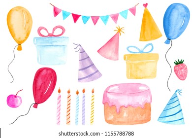 Watercolor Birthday Party Clipart With Colorful Balloons, Gift Boxes, Flags Garland, Cake, Candles, Party Hats, Cherry And Strawberry.
