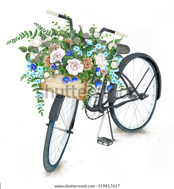 美しい花籠付き水彩黒自転車 のイラスト素材