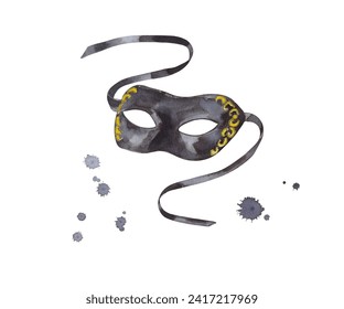 Watercolor black carnival mask with ties, holiday decoration. Hand painted on paper, white background, for design, packaging, invitation, postcards - Powered by Shutterstock