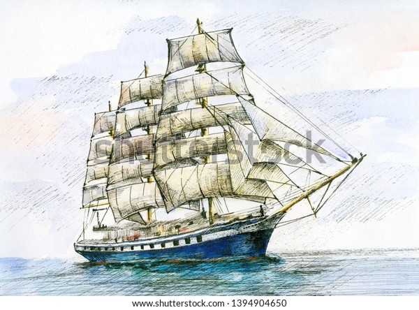 Watercolor Black Pen Drawing Sailing Ship Stock Illustration 1394904650