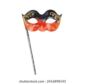 Watercolor black and red carnival mask on handle, holiday decoration. Hand painted on paper, white background, for design, packaging, invitation, postcards, banners - Powered by Shutterstock