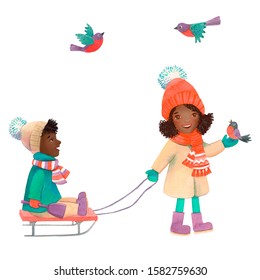 Watercolor black skin little girls  and funny black skin baby boy on the sledge isoleted on white background. Winter outside kid's playing. Merry Christmas and Happy New Year.  - Powered by Shutterstock