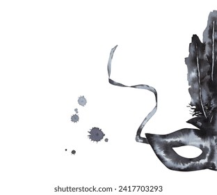 Watercolor black venetian carnival mask with ties and feathers, holiday decoration. Hand painted on paper, white background, for design, packaging, invitation, postcards - Powered by Shutterstock