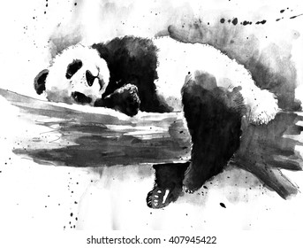 Watercolor Black White Panda Drawing Stock Illustration 407945422 ...