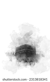 Watercolor black and white sketch of kaaba masjidil haram in mecca, saudi arabia