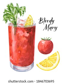 Watercolor Bloody Mary Cocktail With Tomato And Lemon Slice Isolated On White Background. Watercolour Drink Illustration.	