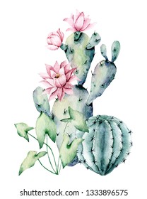 Watercolor Blooming Cactus, Hand Drawn Flower Illustration. Plants Perfect For Floral Design Stickers, Greeting Card, Blog, Site, Banner, Wedding Invitation. Isolated On White.  Cacti Collection.